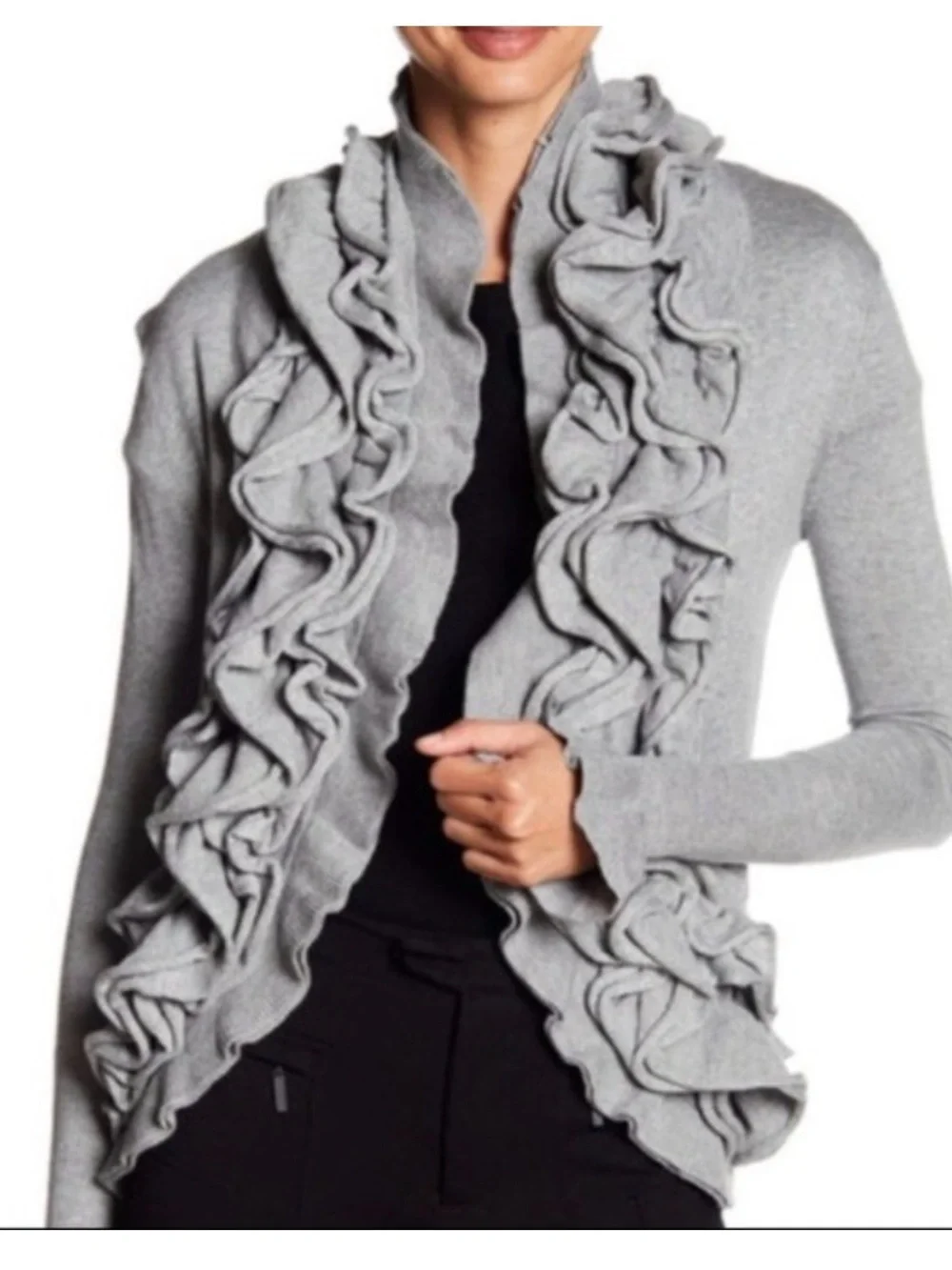 Super cute ruffle trim sweater cardigan gray Romeo & Juliet couture size medium